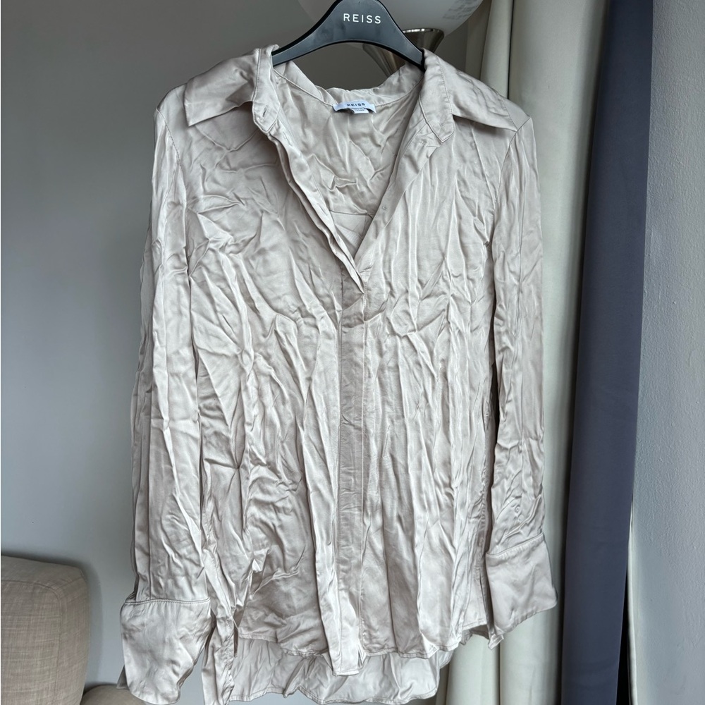 Reiss Cream Long Sleeve Notched Collar Button Down Shirt
